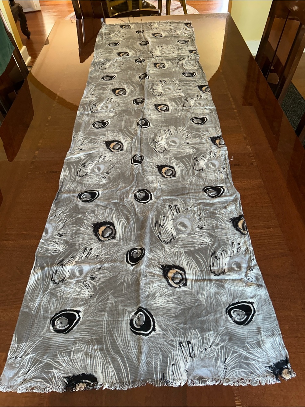 Silver Gray Feather-Print Scarf with Black and Beige Accents 21“ x 71“